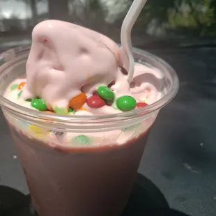 Strawberry ice cream with M&amp;M topping (also mixed in the ice cream).
