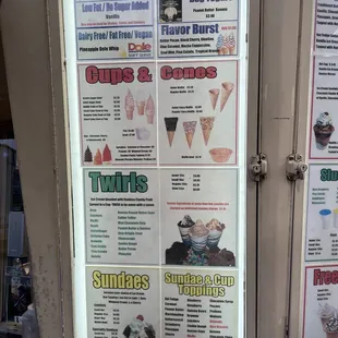 a menu for ice cream