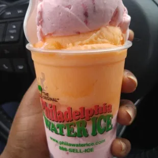 Mango water ice with Strawberry hand dipped ice cream