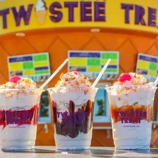 three ice cream sundaes