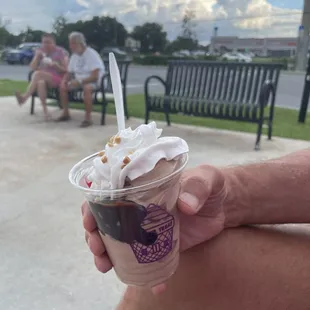 Hot fudge sundae (chocolate ice cream) with whipped cream, nuts, and a cherry