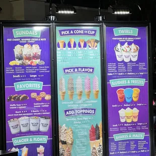 a menu for a variety of ice creams