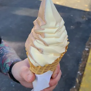 Twist soft serve in a waffle cone