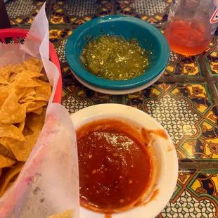 Red and green salsas. Amazing chips.