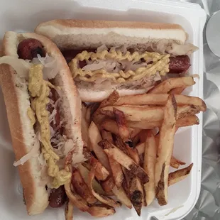 2 Kraut dogs and Fries