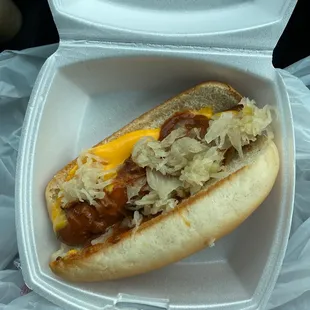 Sauerkraut chili cheese dog