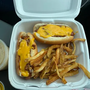 2 chili cheese dogs and fries