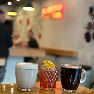From left to right:  Alpine Snuggler, Old Fashioned and Mulled Wine