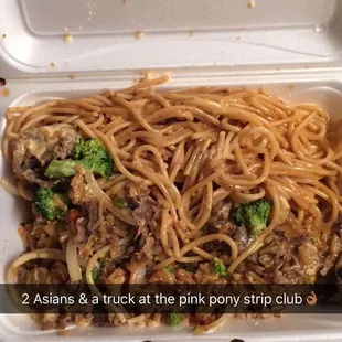 Steak and shrimp with half rice and noodles