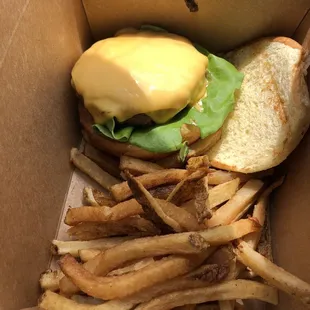 Grass fed cheeseburger and French fries