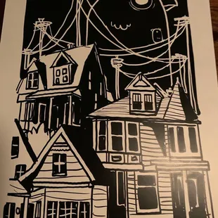 a black and white drawing of a house