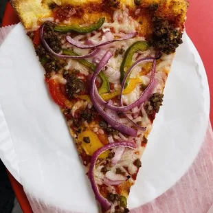 Vegan Cleo: vegan sausage, roasted peppers, red onion, dairy-free cheese