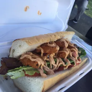 Fried Shrimp &amp; bacon po' boy! Want to try it grilled. So delicious.