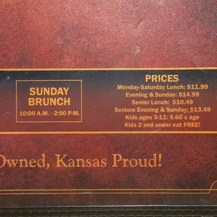 Hours and prices of buffet.