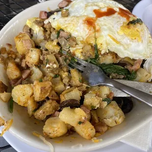 Meat lovers skillet with spinach and mushrooms