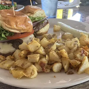 Hamburger slider with country fries.