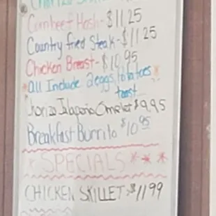a menu on a white board