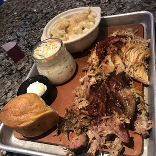 Two meat dinner - pulled chicken and pulled pork, Cole slaw, cheddar Mac n cheese