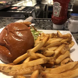 All American burger with fries. Not the best picture but a great hamburger!!!