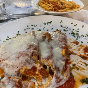 Eggplant parm with side of spaghetti.
