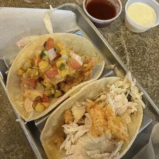 Shrimp taco and pork belly taco