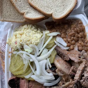 3 meat dinner plate, ribs, beef sausage, and brisket