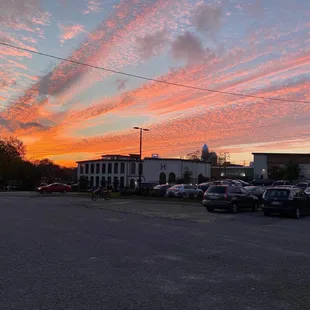 a parking lot at sunset