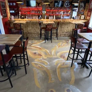 a bar with tables and stools