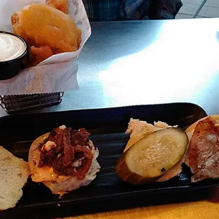 The $2 menu fried pickles, black and blue slider,  Cuban slider.