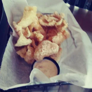 Fresh pork rinds and jalapeno sauce, to die for!!