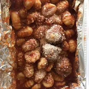 Gnocchi with meatballs. Highly recommended