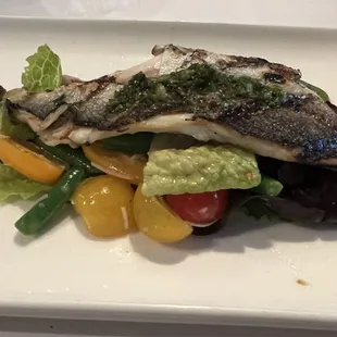 Bronzino with green beans and heirloom tomato salad