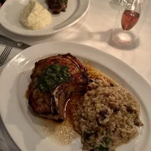 NY New York Strip w/mashed potatoes. Pork Chop w/mushroom risotto