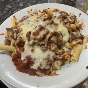 Ziti with meat sauce and meatballs.  For a little bit more I added Sausage.   Delish and filling!