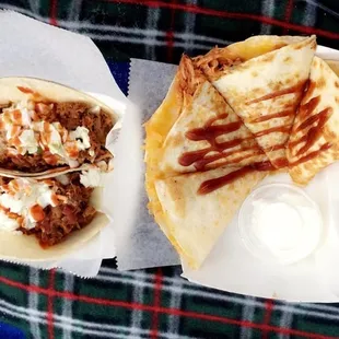 left: korean bbq tacos right: bourbon chicken quesadilla
