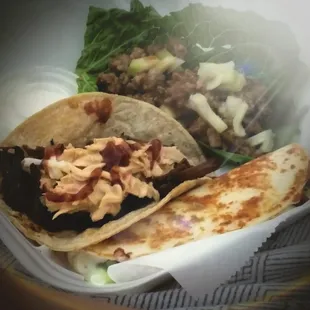 Sampler Plate: Korean BBQ Taco, Asian Chicken Lettuce Wrap, and Spinach Artichoke Quesadilla