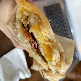 Bacon egg pita. Really good! Nice amount of bacon and cheese :)