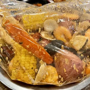 a plastic bag filled with food