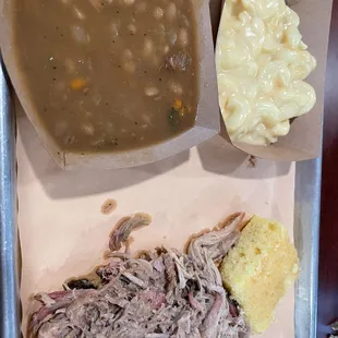 Pulled pork with baked beans and macaroni and cheese