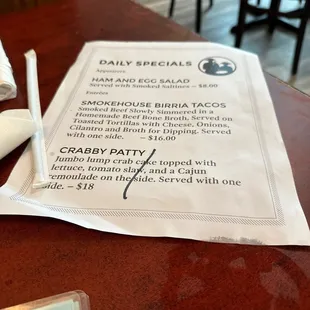 Specials menu 4/15/23
