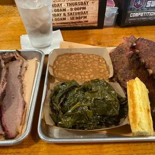 Brisket, Slab, Greens, Beans, Cornbread.