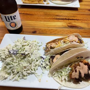 Shrimp tacos in front, Baja Key West Mahi fish tacos in back.