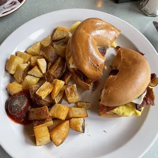 Bacon Egg &amp; Cheese Bagel Breakfast Side of Home Fries