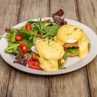 Crabcake Benny with Breakfast Greens