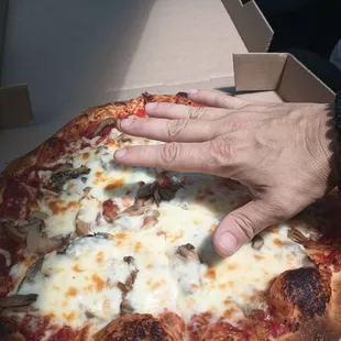 Andrew made me a quick 6 cut thin crust. Pretty large. $8. Ready in ten minutes. Thick sician slices were available and pepperoni rolls etc