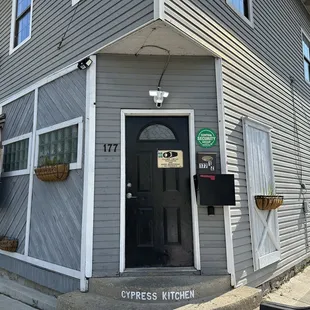 the entrance to a restaurant