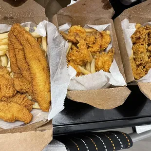 Fried catfish basket, fried shrimp basket, and Fried Oyster Basket