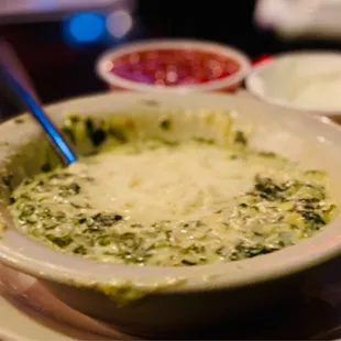 Spinach &amp; Artichoke dip is scratch made here, comes in a big bowl w salsa &amp; sour cream. Fabulous :)...