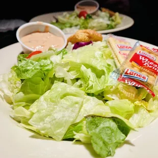 Side salads are super fresh &amp; yummy, come with crackers &amp; dressing on the side. Bomb :)'