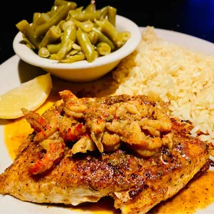 salmon - Add blackened &amp; Add voo doo crawfish sauce, rice &amp; green beans. Superb. Get it :)...